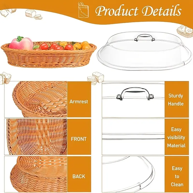 Wicker Bread and Fruit Storage Basket with Clear Acrylic Lid in Square or Round Checkout Shapes