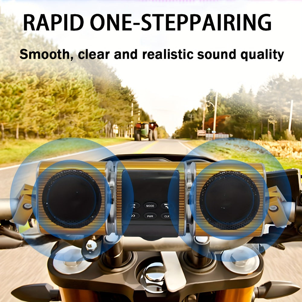 Motorcycle Bluetooth Speaker Sound Bar with Built-in Amplifier – IPX5 Waterproof, FM Radio, USB & AUX Input, 12V Metal MP3 Player for Handlebar, ATV, Scooter & Off-Road Bike