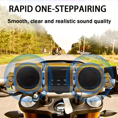 Motorcycle Bluetooth Speaker Sound Bar with Built-in Amplifier – IPX5 Waterproof, FM Radio, USB & AUX Input, 12V Metal MP3 Player for Handlebar, ATV, Scooter & Off-Road Bike