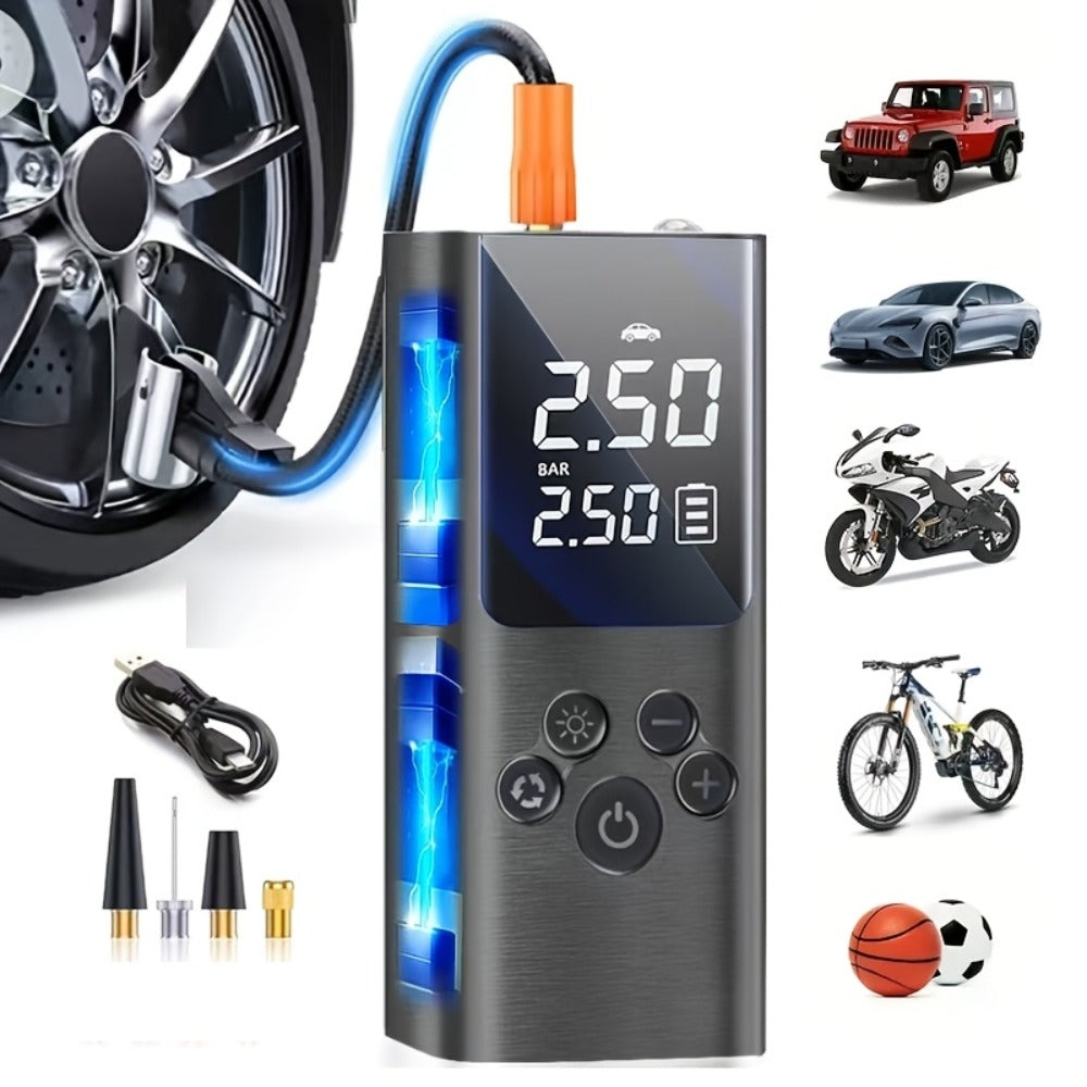 Cordless Tire Inflator Portable USB Rechargeable – Digital Gauge & LED Light, Fast Air Compressor with Auto Shutoff for Car, Bike, Motorcycle & Sports Equipment, Emergency Flat Tire Pump