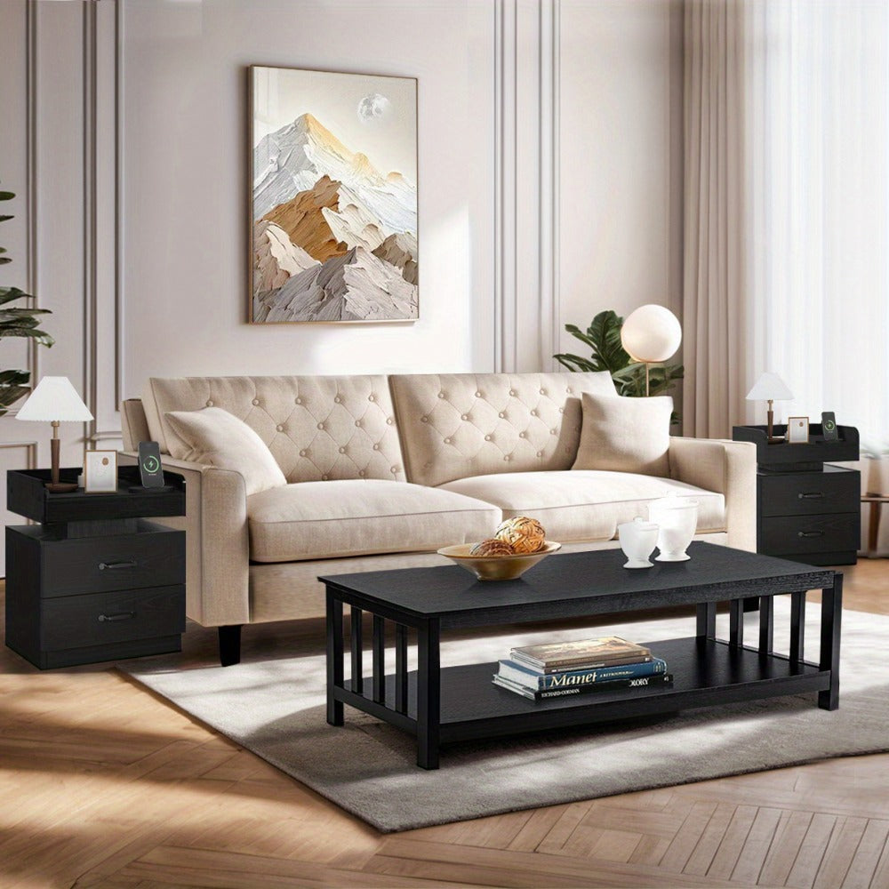 Nightstand Tray-Top Two-Drawer Bedside Table with Charging Station, LED Light and Black or White Finish