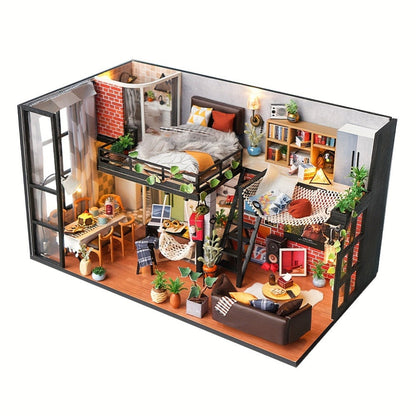 DIY Dollhouse Kit 2 Story with Dust Cover, Handmade Miniature House Model with Furniture Parts, No Glue No Batteries