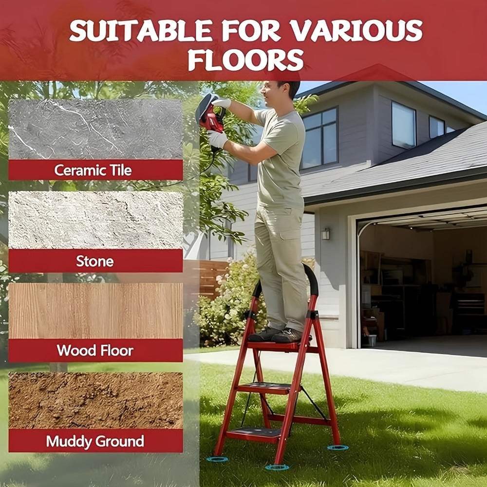 Folding Metal Step Ladder with Handrail, Ribbed Treads and Two-, Three-, Four- or Five-Step Options