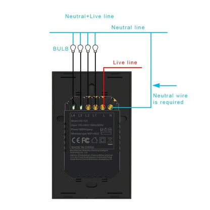 Black Glass WiFi Touch Wall Switch with One-, Two-, Three- or Four-Gang US-Style Options and Neutral-Wire Wiring