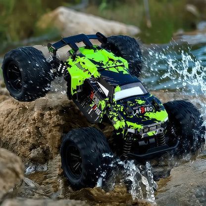 RC Monster Truck 4WD Green Off-Road Style Vehicle with LED Details, 2.4G Remote Controller and Treaded Tires