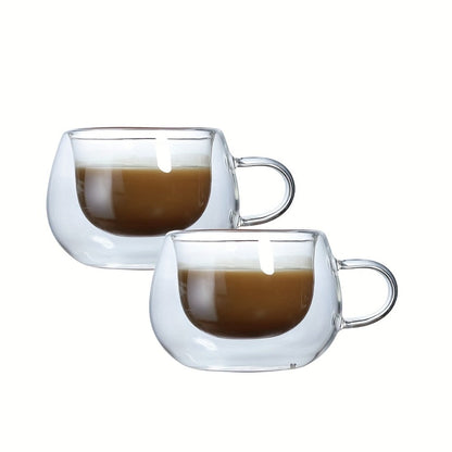 Double Wall Glass Coffee Cups with Handle Insulated Transparent Borosilicate Espresso Cappuccino Latte Tea Cups Set - Clear Heat Resistant Beverage Glasses for Hot & Cold Drinks