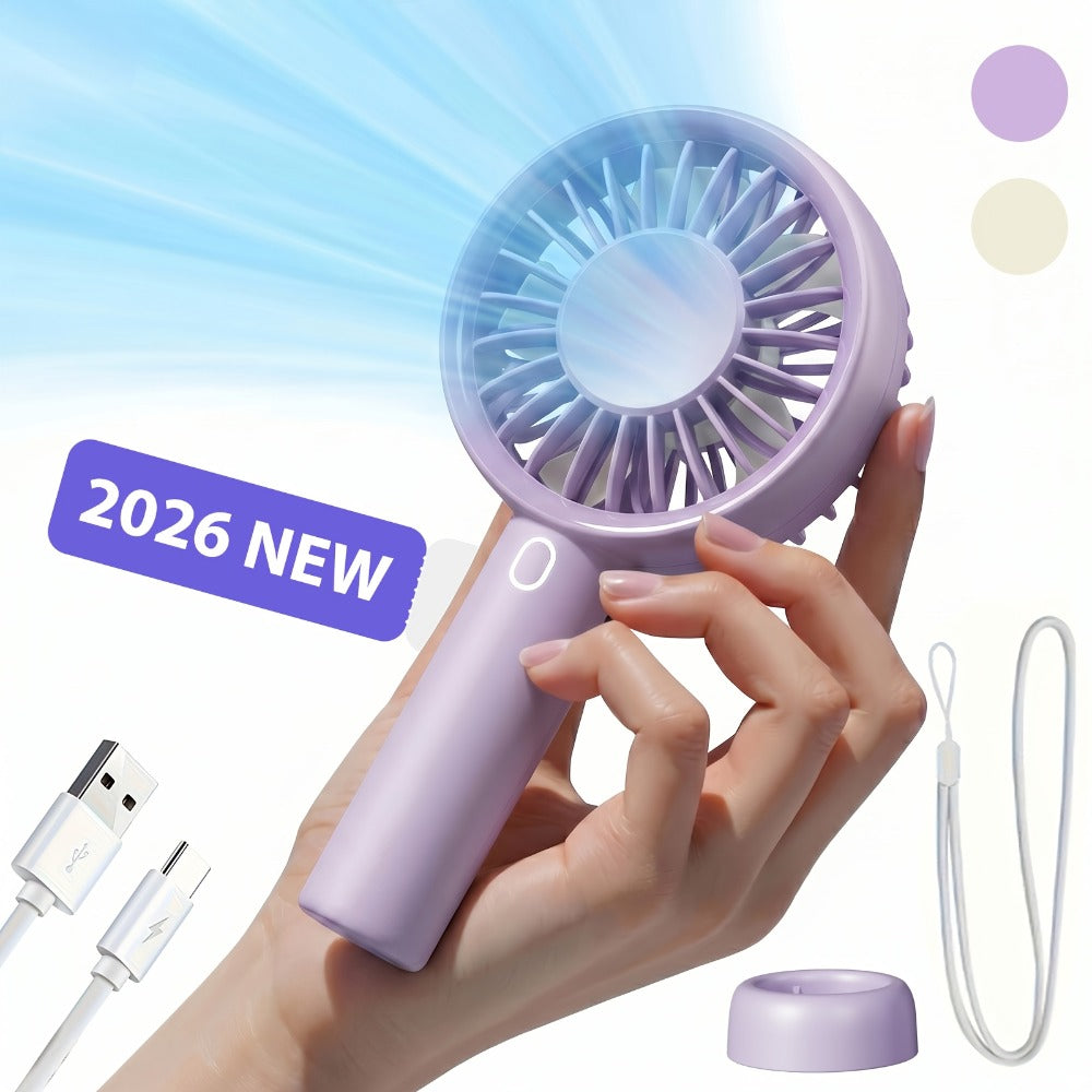 Pocket-Size Handheld Fan with Three Speeds, USB-C Charging, Wrist Strap and Three Color Options