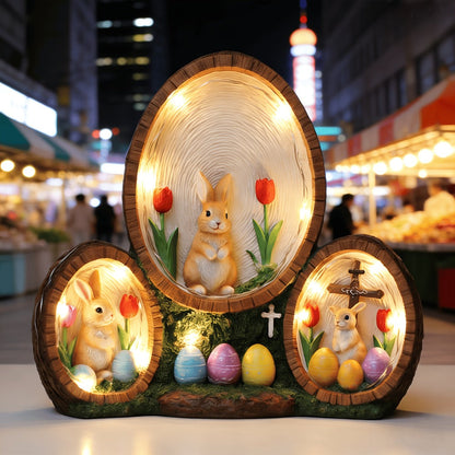 Handmade Resin Easter Egg Ornament - Painted Tulip Rabbit & Cross Decoration, Glowing Home Decor Accent for Easter
