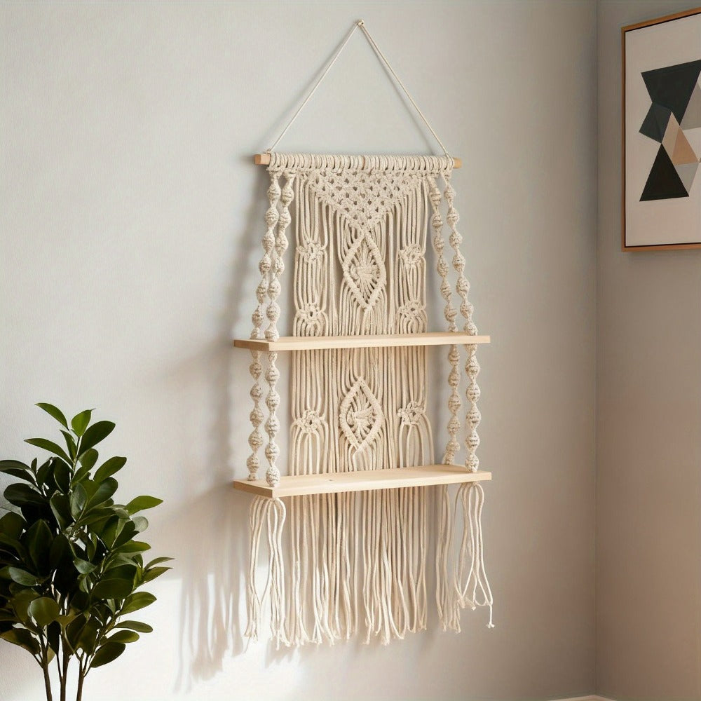 Macrame Wall Hanging with Tassel, Boho Woven Wall Decor for Living Room Bedroom Balcony, Two-Layer Lace Plant Hanger for Photo Frames & Small Plants – Bohemian Home Decor Wall Art