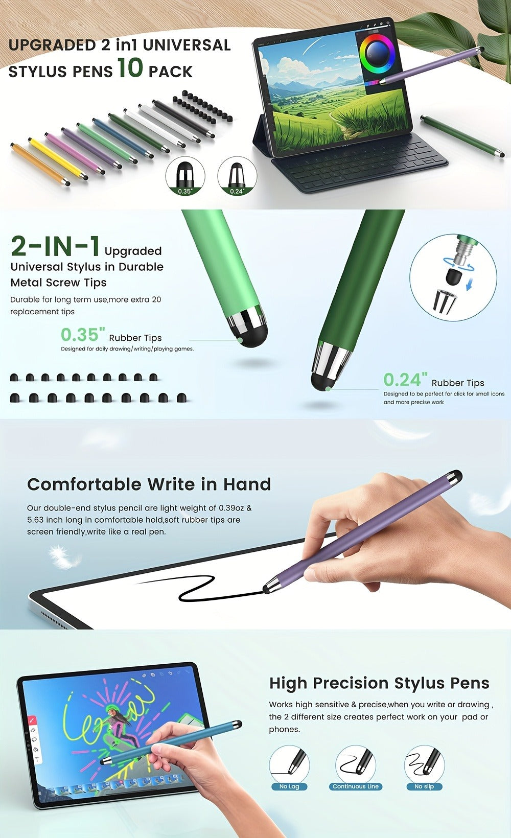 10-Piece Dual-Tip Stylus Pen Set for Capacitive Touchscreens in Three Color Assortments with Passive Design