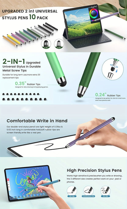 10-Piece Dual-Tip Stylus Pen Set for Capacitive Touchscreens in Three Color Assortments with Passive Design