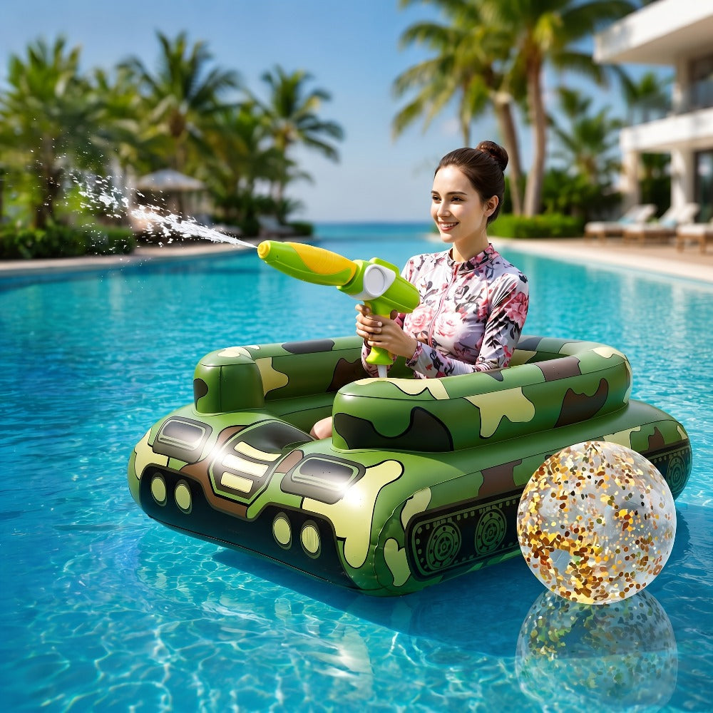 Ride-On Inflatable Pool Floats in Yellow Duck or 60-Inch Green Tank Styles with 16-Inch Beach Ball