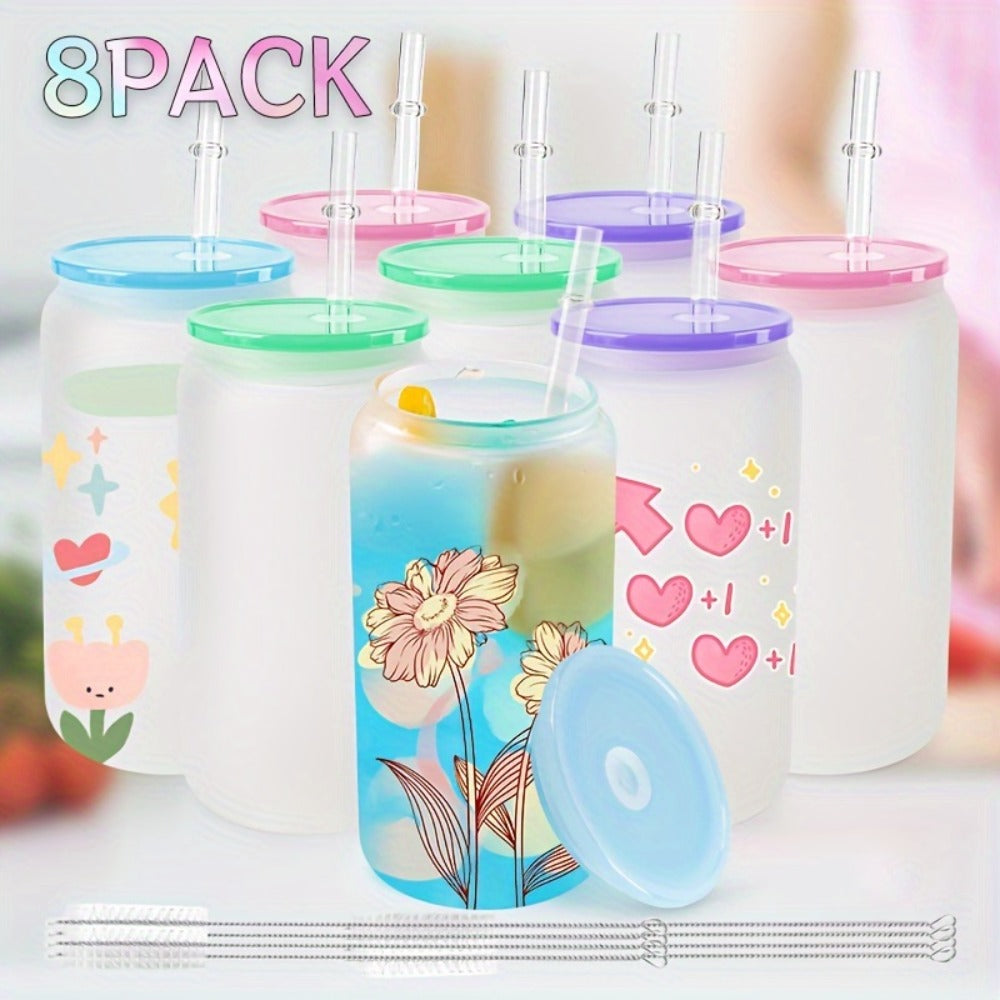 Frosted Sublimation Glass Tumblers 16oz Borosilicate Can Cups with Acrylic Lids – Set of 8 or 12 for Juice, Soda & Iced Coffee