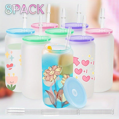Frosted Sublimation Glass Tumblers 16oz Borosilicate Can Cups with Acrylic Lids – Set of 8 or 12 for Juice, Soda & Iced Coffee