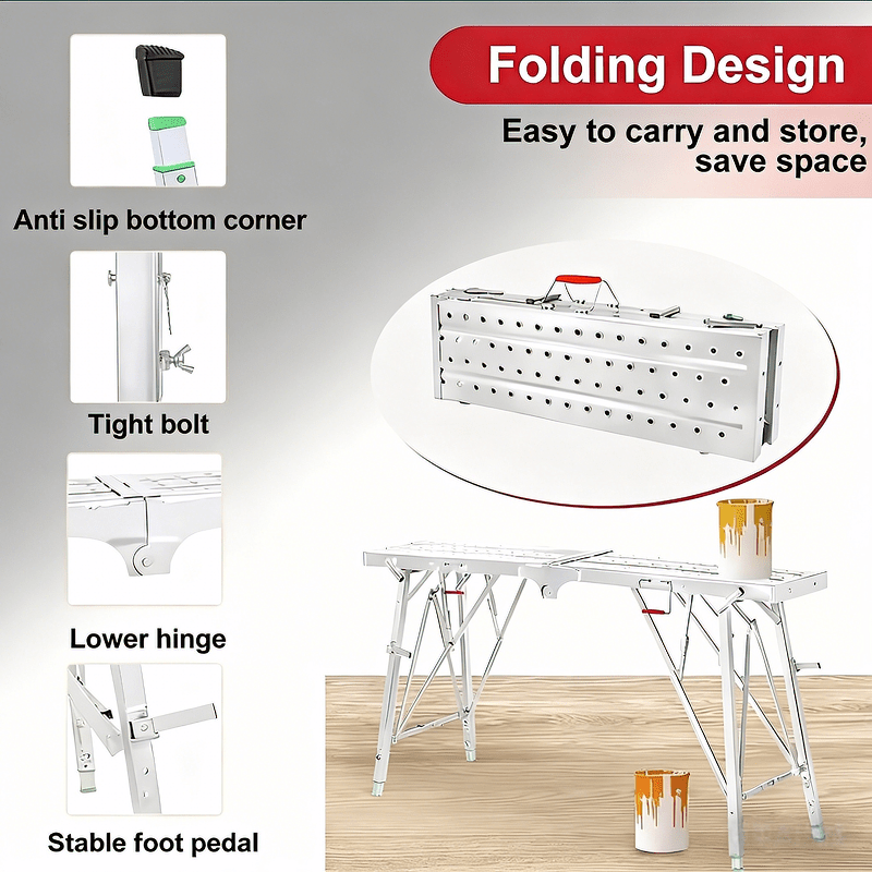 Aluminum Work Platform Height Adjustable Folding Portable Scaffold Bench Wide Base Safety Railing for Home Renovation RV Cleaning Window Painting 3 Sizes