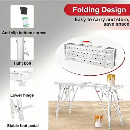 Aluminum Work Platform Height Adjustable Folding Portable Scaffold Bench Wide Base Safety Railing for Home Renovation RV Cleaning Window Painting 3 Sizes