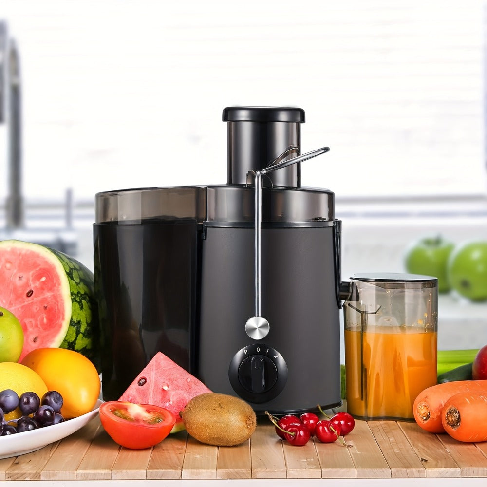 Black-and-Silver Centrifugal Juicer with Rear Pulp Bin, Juice Cup and 8cm-Labeled Feed Opening