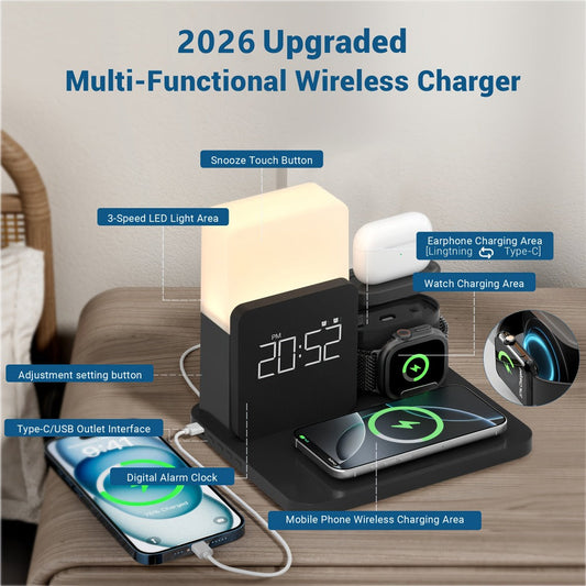 Alarm Clock 3-in-1 Wireless Charging Station with Clock Display – Bedside Charging Dock for iPhone 16 15 14 13 12 & Samsung Galaxy, Charges Phone Watch & Earbuds Simultaneously | Black White Gray