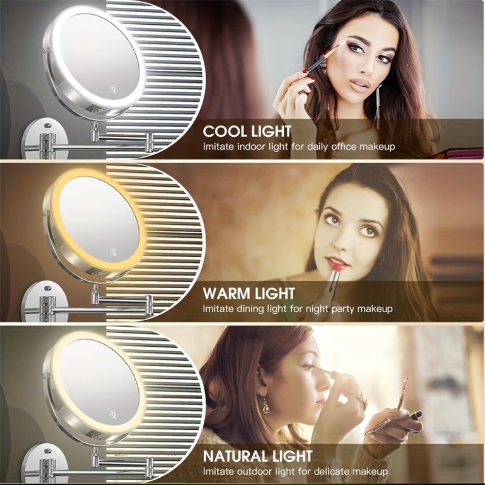 Makeup Mirror Wall-Mounted 8-Inch Dual-Sided 1X and 10X with Three Light Colors, Touch Dimming and USB Charging