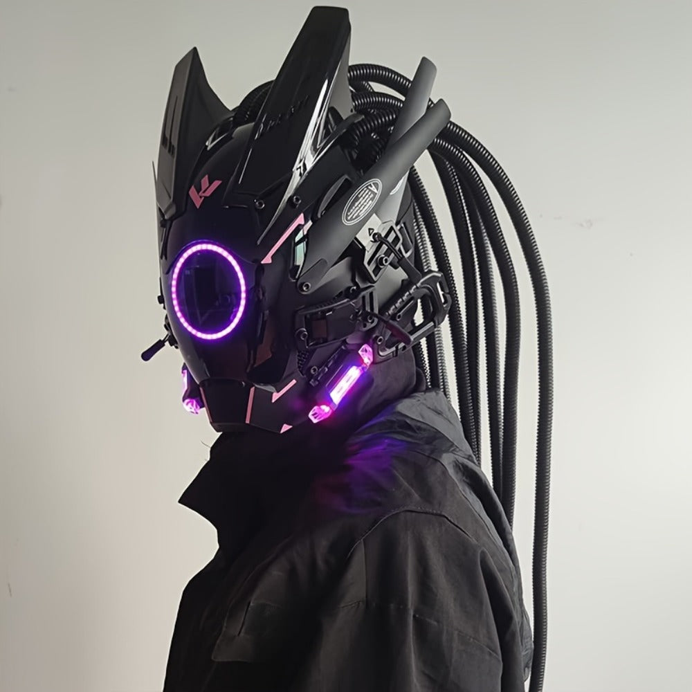 LED Braided Cyberpunk Costume Helmet with Circular Face Light and Blue, Green or Pink Accent Styles