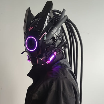 LED Braided Cyberpunk Costume Helmet with Circular Face Light and Blue, Green or Pink Accent Styles