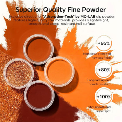 Dip Powder Nail Kit with NOCIS Label, Four Orange Brown Glitter Powders, Three 10ml Liquids and Four Tools