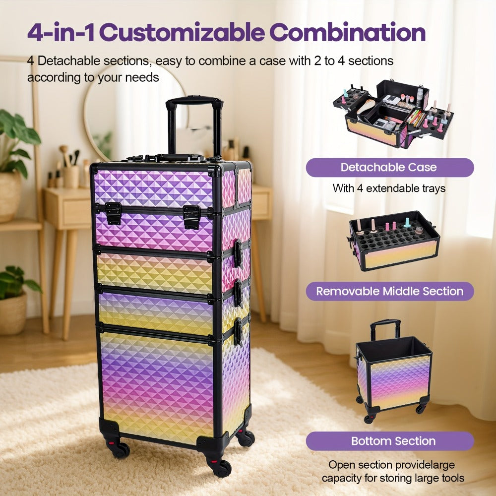 Rolling Makeup Train Case 4-in-1 Large Portable Cosmetic Trolley with 360 Degree Swivel Wheels Beauty Sponge Included Professional Salon Travel Organizer Gradient Purple Rose Gold