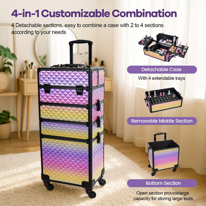 Rolling Makeup Train Case 4-in-1 Large Portable Cosmetic Trolley with 360 Degree Swivel Wheels Beauty Sponge Included Professional Salon Travel Organizer Gradient Purple Rose Gold