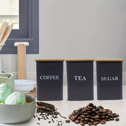 Three Rectangular Metal Canisters for Coffee, Tea and Sugar with Wood-Tone Lids in Black or White