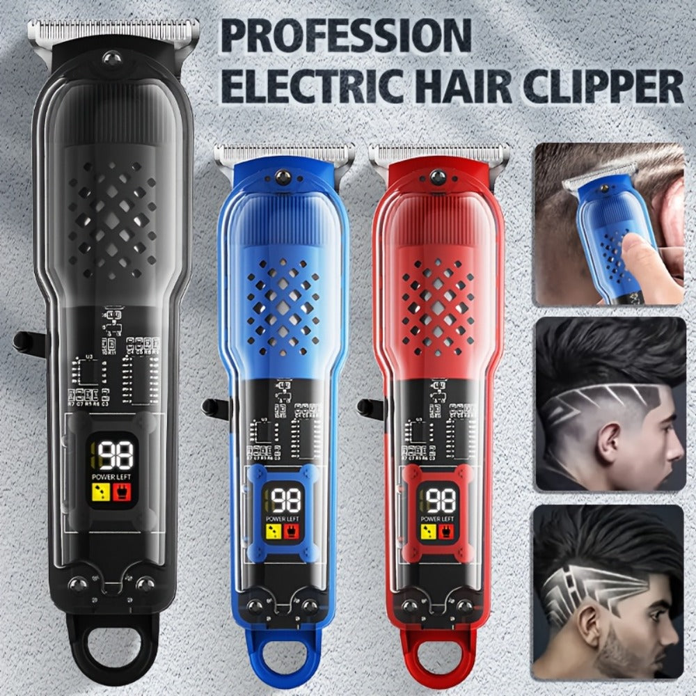 Retro Transparent Hair Clippers for Men – Electric Trimmer with LCD Display, USB Rechargeable Beard Clipper for Pompadour Fade Styles, Cordless Home Barber Tool, Red Black Blue