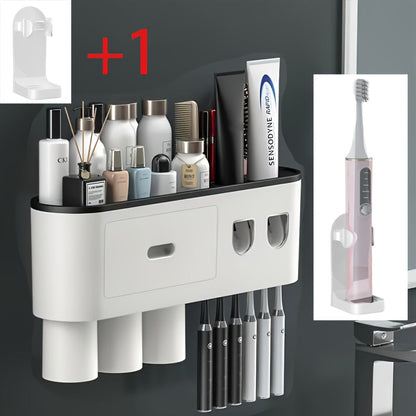 Wall-Mounted Toothbrush Organizer with Dispenser, Side Brush Stand and Two- or Three-Cup Options
