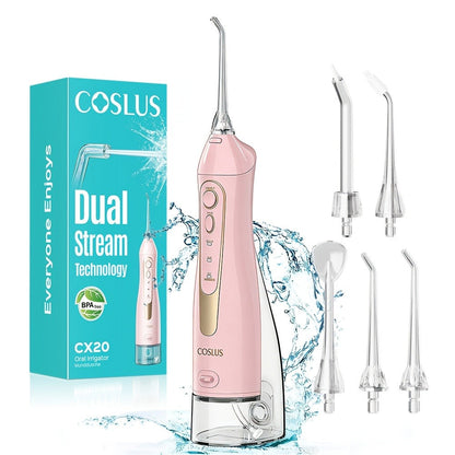 Water Flosser COSLUS CX20 Cordless Oral Irrigator with 300ml Detachable Tank, Five Tips, Rotating Nozzle and Gold Accents