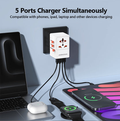 65W Universal Travel Adapter with 4 USB Ports - 2 USB-C & 2 USB-A Fast Charging, US EU UK AU Plugs, 100-240V Input, Overload & Short Circuit Protection, 200+ Countries, White & Black