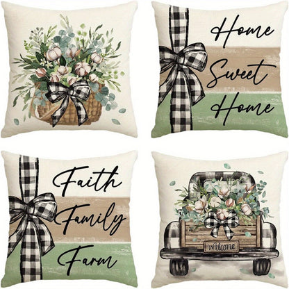 Farmhouse Throw Pillow Covers 4pcs Set Rustic Linen Eucalyptus Leaves Botanical Square Cushion Cases Decorative Pillow Covers for Living Room Bedroom Couch Sofa Home Party Decor Single-Sided Print No Insert