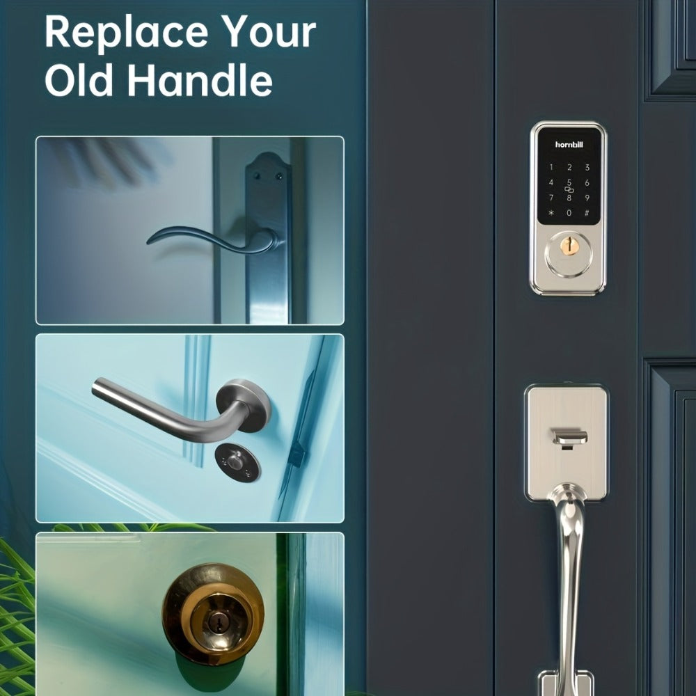 Hornbill Smart Door Lock Set with Handle - Alexa Compatible Keypad Deadbolt, Bluetooth App, Keyfob & Auto-Lock, Complete Keyless Entry Front Door Upgrade, Matte Black & Silver