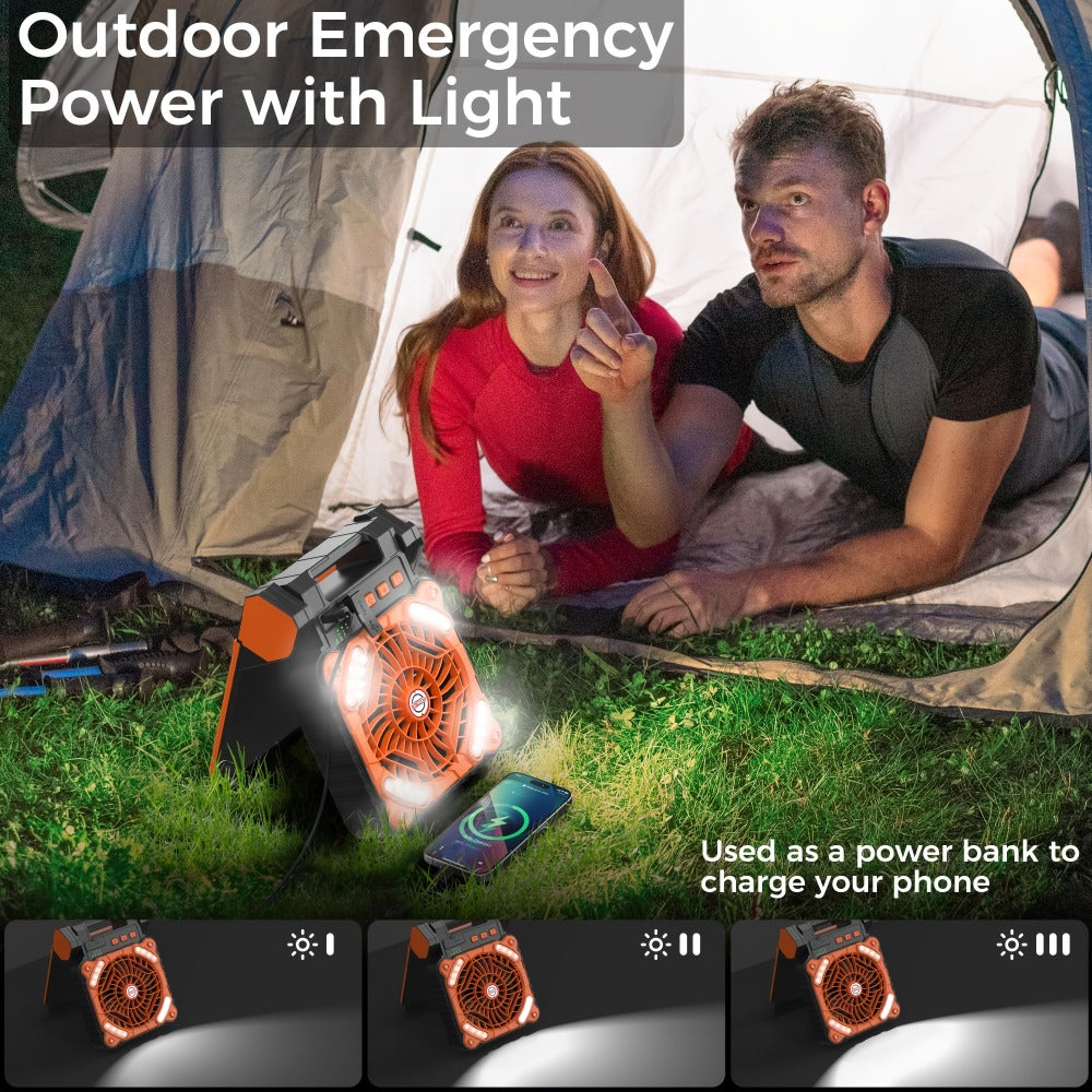 Solar Camping Fan and Light with Folding Panel, USB-C Input, Timer Controls and Three Color Options