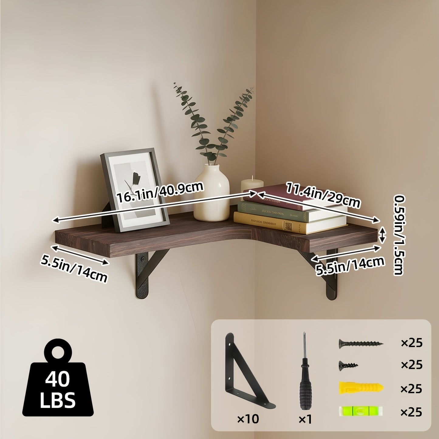 Corner Wall Shelf Set with L-Shaped Boards, Metal Brackets, Five- or Six-Piece Options and Seven Finishes