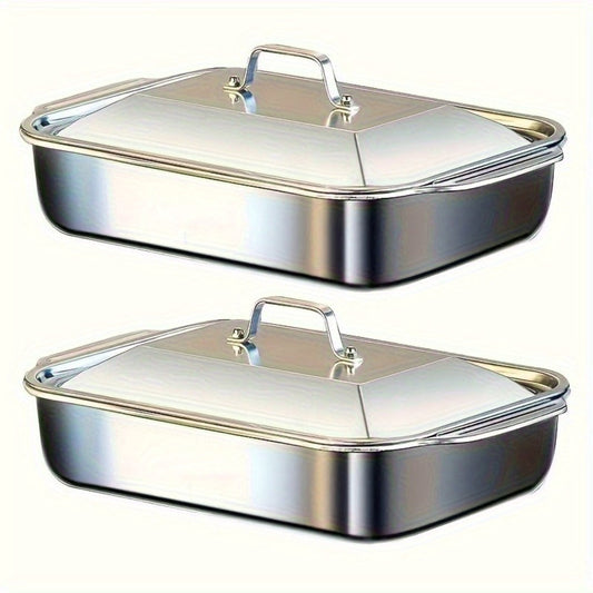 Stainless Steel Baking Trays with Lids – Large Capacity Sheet Pan Set for BBQ, Bread, Desserts, Seafood & Buffets | Family Gatherings, Outdoor Camping, Portable Food Trays