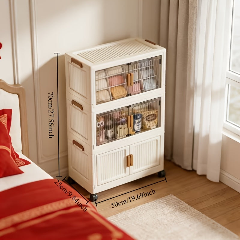 Foldable Plastic Storage Cabinet with Clear Ribbed Doors, Wheels and Large 1-, 3- or 5-Layer Options