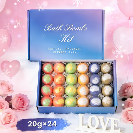Bath Bombs, 24-Piece Essential Oil Gift Set with 20g Round Fizzers, Assorted Colors and Fragrance Styles