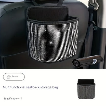 Hanging Rhinestone Car Trash Bin with Seat-Back Strap, 18 × 21 × 10 cm Size and One Liner Bag