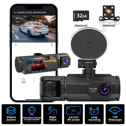 1080P-Labeled Dash Camera with Two- or Three-Lens Options, Screen and Optional WiFi or 32GB Card