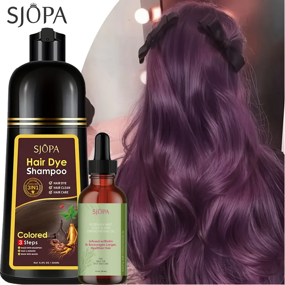 Hair Dye Shampoo, SJOPA 500ml Bottle and Rosemary Hair Oil Set with Seven Color Options for At-Home Color Selection
