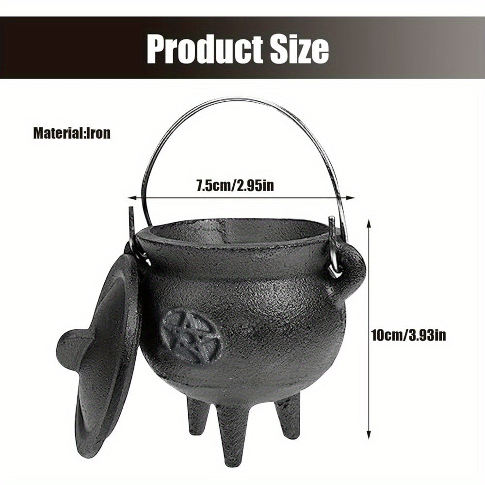 Cast Iron Cauldron with Lid & Handle, Witchcraft Incense Burner, Spell Ritual Pot, Halloween Decor