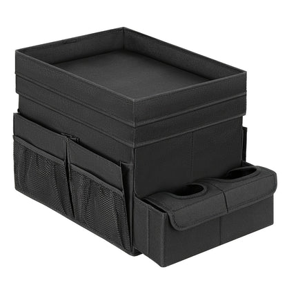 Seat-Top Car Organizer Box with Open Tray, Cup Recesses, Side Pockets and Four Size-Color Options