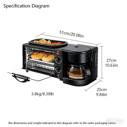 3-in-1 Breakfast Maker Station, Fry Eggs, Toast Bread & Brew Coffee All at Once, Non-Stick Coating