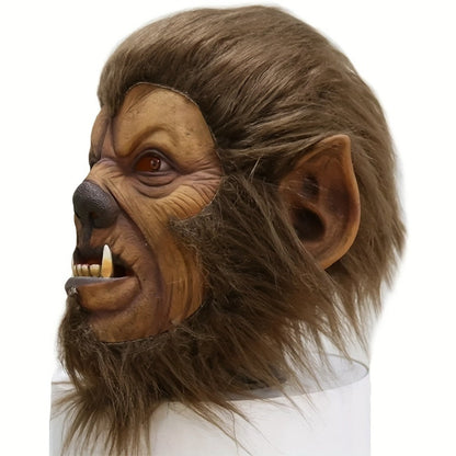 Hairy Brown Beast Costume Mask with Full-Head Creature Face, Pointed Ears and Faux-Fur Surround