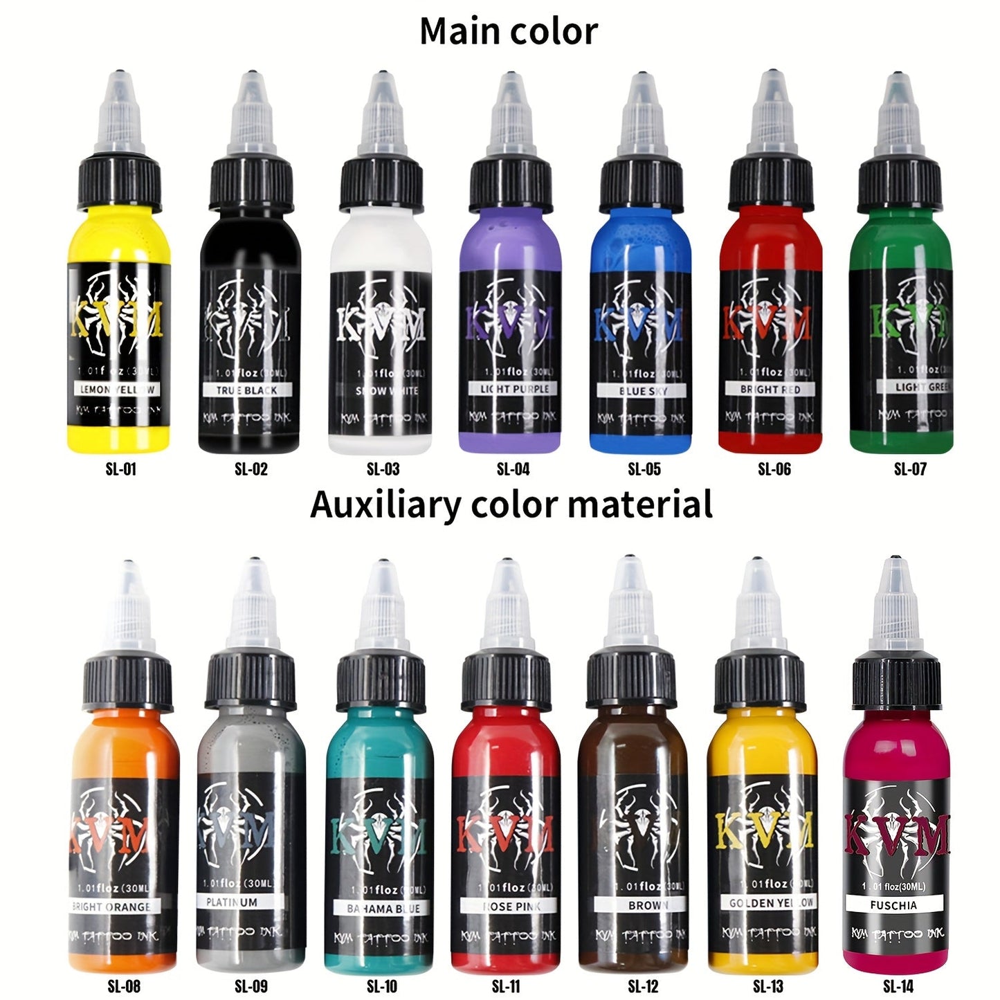 1oz Tattoo Ink Set 7 & 14 Colors Professional - 30ml Stable Vibrant Pigment Bottles, Fade-Resistant Permanent Ink for Rotary Coil & Pen Tattoo Machine, Complete Color Kit for Artists & Beginners