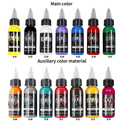 1oz Tattoo Ink Set 7 & 14 Colors Professional - 30ml Stable Vibrant Pigment Bottles, Fade-Resistant Permanent Ink for Rotary Coil & Pen Tattoo Machine, Complete Color Kit for Artists & Beginners