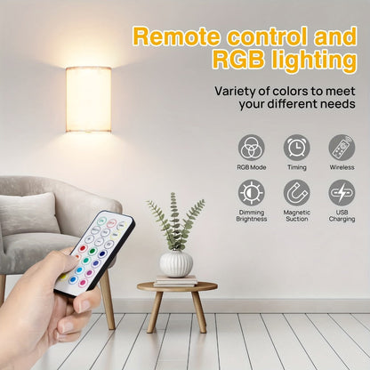 Rechargeable Two-Light Fabric Shade Wall Sconce Set with Magnetic Puck Lights and CCT or RGB Option